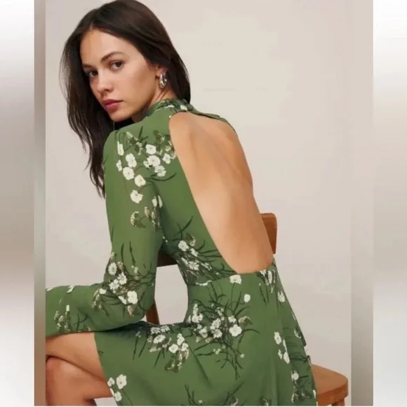REFORMATION Lomita Green floral long sleeve open back PERSIS mini dress size 10. - Picture 3 of 16